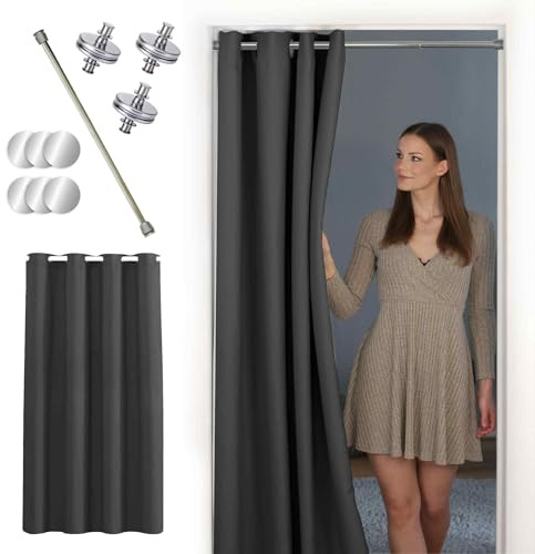 tinycurtains, Thermo Türvorhang mit Vorhangstange & Magneten zum Abdichten, einfache Montage ohne Bohren in 1 Min (195 x 150 cm anthrazit + Stange Silber 70–120 cm + 6 Magnete)