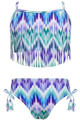 SHEKINI Bikini Mädchen Zweiteilige Badeanzug Retro Quaste Tankini Set Teenager Chic Badeanzug Mädchen für 6-14 Jahre (12 Jahre, Violett Grün Gradient)