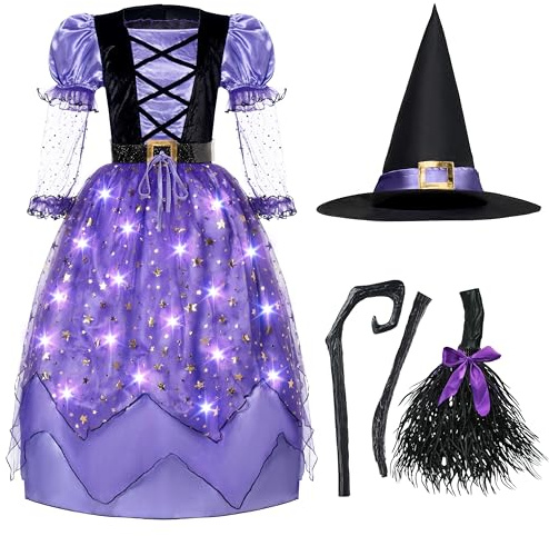 Spooktacular Creations Disfraz de bruja para niñas, disfraz de bruja iluminada para niños, vestido de bruja estrellada con cinturón de escoba, sombrero para niñas, fiesta de Halloween, juego de rol-L