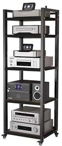HDYZJQ HiFi Rack Rollwagen für Audiogeräte, 5, 6, 7, 8 Etagen, Schwarz – Medienregal für Radio – Stereoanlage – TV-Box – Kabelbox – WLAN-Router – Stereoschrank aus Holz(W50cm-5 Tier)