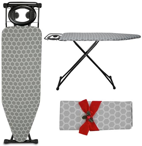 CUQOO Folding Ironing Board – 122x38cm, Adjustable Height (74-91cm), Durable with Safety Lock & Anti-Skid Feet, Includes Silicone Iron Rest & 2 Stylish Covers