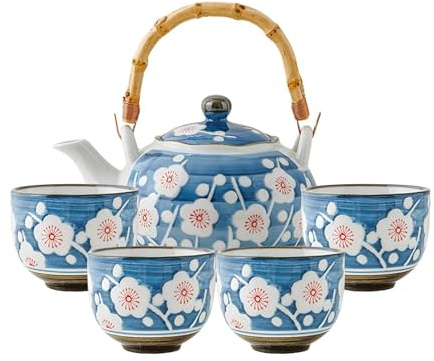 YoeEoay Traditionelle Japanische Teekanne Tee Set Japanisches Blau Und Weiß Porzellan Teeservice Keramik Teekanne(650ml) Mit Rattanstiel Und 4 Tassen(150ml) Keramik Teekanne mit Rattanstiel/Blau