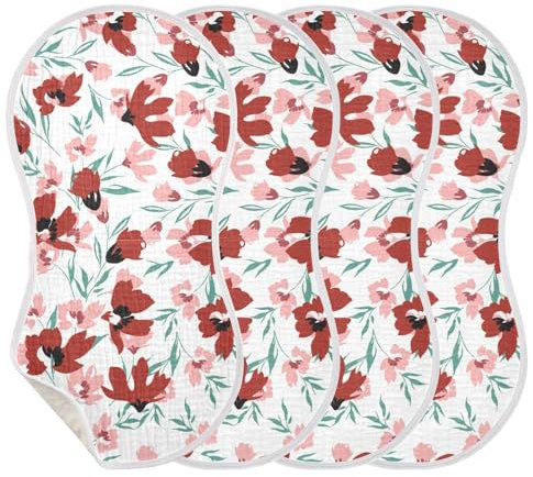 KLL Spucktücher für Babys und Mädchen, 4 Stück, große Baumwolltücher, extra weich und saugfähig, bequeme Spucktücher, rote und rosa Blumen