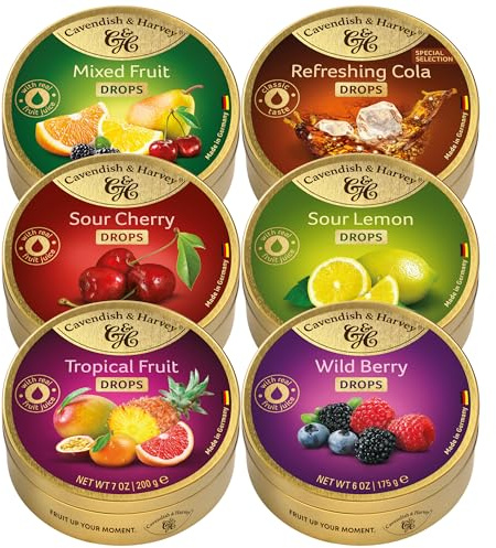 Cavendish & Harvey 6er Probier-Set | 200g Tropical Fruit, Sour Cherry, Mixed Fruit, Sour Lemon | 175g Wild Berry, Refreshing Cola | 4 x 200g, 2 x 175g
