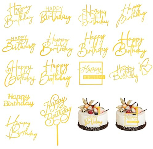 15PCS Gold Happy Birthday Cake Toppers, Side Mirror Acrylic Cake Toppers Glitter Gold Cakes Inserts Cupcake Decorations Cakes Decorating Supplies for Birthday Party Dessert Pastries