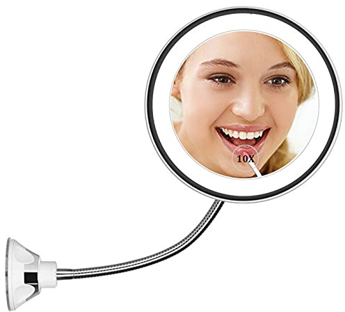 Espejo de Maquillaje con luz LED y Aumento de 10 aumentos, Espejo de tocador de baño con Cuello de Cisne Flexible con Ventosa, Giro de 360 Grados, Funciona con Pilas, inalámbrico y Espejo de Viaje