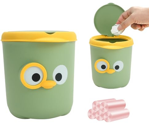 IBEQUEM Desktop Mini Mülleimer - Karikatur Kleine mit Deckel und 5 Rollen für Küche, Schlafzimmer, Büro Schreibtisch und Autos (Grün)