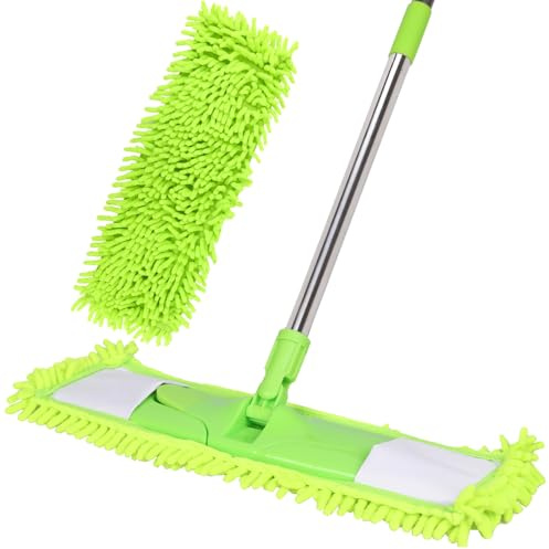 Trapeador de polvo para limpieza de suelos con 2 almohadillas de chenilla lavables y mango extensible de 55 pulgadas de largo, mopa plana seca y húmeda con estropajo para madera dura, laminado