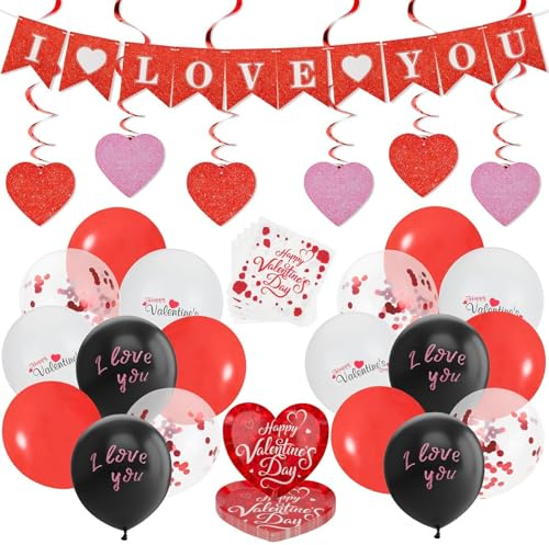 Valentinstag Deko Set, 12 Latexballons (4 Modelle) 6 Rot Pink Spiralanhänger 1*”I LOVE YOU”Banner 10 Valentinstags Servietten 10 Herz Pappteller Romantische Dekoration Liebesfeier Dinner für Zwei