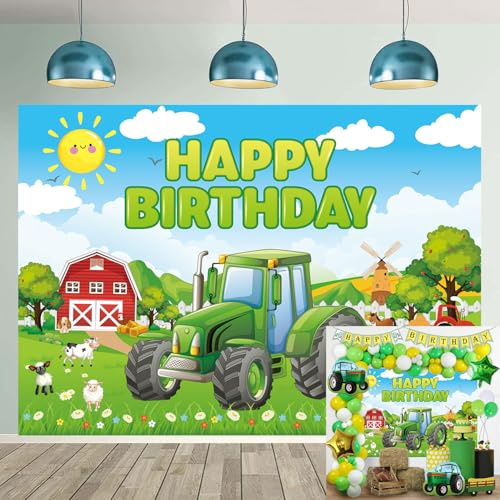 Toile de fond pour photographie de tracteur vert, 1,8 x 1,2 m, motif tracteur de grange rouge, bannière « Happy Birthday » pour fête d'anniversaire d'enfant, fête prénatale, décoration de gâteau de
