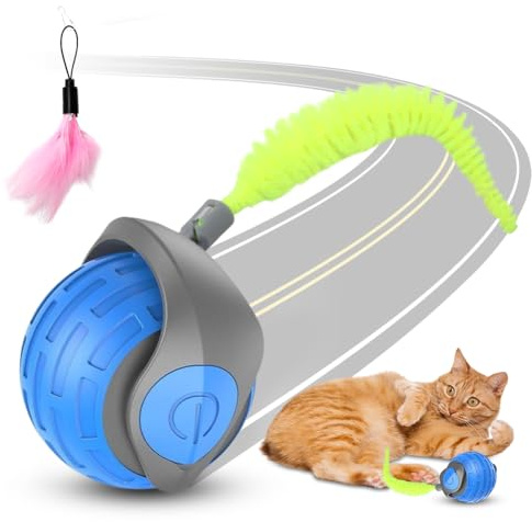Chase Master Pro Katzenspielzeug, USB Wiederaufladbar Katzenspielzeug, Geräuscharmes Powerball Katze Selbstbeschäftigung, Interaktives Katzen Spielzeug Elektrisch Pet Ball mit Flauschigem Schwanz