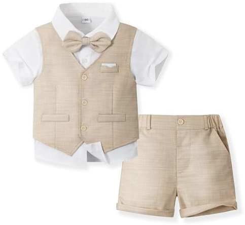 Volunboy 4-delar baby pojkar sommar bröllopskostym, småbarn formell klänning kläder outfit, kortärmad väst, shorts, skjortset, Ljus khaki, 3-4 År