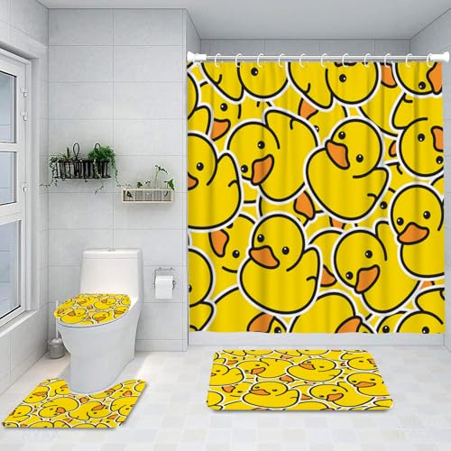 Ansouyi Set di 4 tende da doccia da bagno con tappeti antiscivolo, copertura per coperchio WC e tappetino da bagno, motivo anatra gialla cartone animato, tenda da doccia impermeabile resistente, 182 x