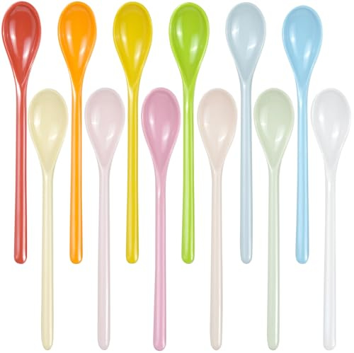 12 Stück Plastiklöffel Langer Stiel Bunt, Wiederverwendbar (18.5 * 3.5cm) | Tragbar Müslilöffel, Dessertlöffel, Marmeladenlöffel, Keramik Löffel für Tee, Kaffee, Honig, Joghurt