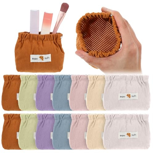 xozeooeu 14 Pack Corduroy Makeup Bags, Elastic Squeeze Open Mini Cosmetic Pouches, Small Travel Organizer for Hair Ties, Lipstick, Jewelry, Accessories (7 Colors)