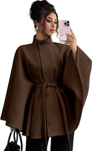 Dam fladdermusärm ponchos ärtrock, höst vinter överdimensionerad stående krage bälte ull beskuren jacka kappa, Brun, XL