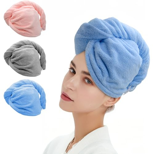 TOOLTENG 3er-Pack Mikrofaser-Haartrocknungshandtuch, super saugfähiger Twist-Turban, schnell trocknende Haarkappen, Salon-Haarkappe zum Trocknen für Frauen mit lockigem, langem, nassem Haar