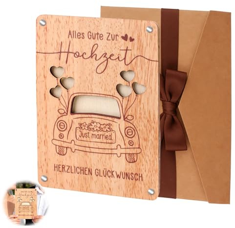 NUDVMUCH Hochzeitskarte Holz mit Umschlag, Geldgeschenk Hochzeit, Glückwunschkarte für Hochzeitsreise, Jahrestag, Einladungskarten, Geschenk für Frau MäNner Freundin Familie (Hochzeitsauto)