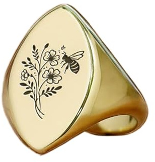 Bague abeille en forme de marquise | Argent sterling 925 plaqué or | Bijou cadeau, chevalière style vintage, bijou hypoallergénique fait main | WW_PDR_01146