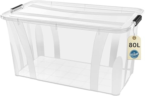 Aufbewahrungsbox 80 L mit Deckel – transparente Kunststoffbox, stapelbar, verstärkter Boden, robuste Verschlussclips – ideal für Küche & Haushalt & HLKauf-Block