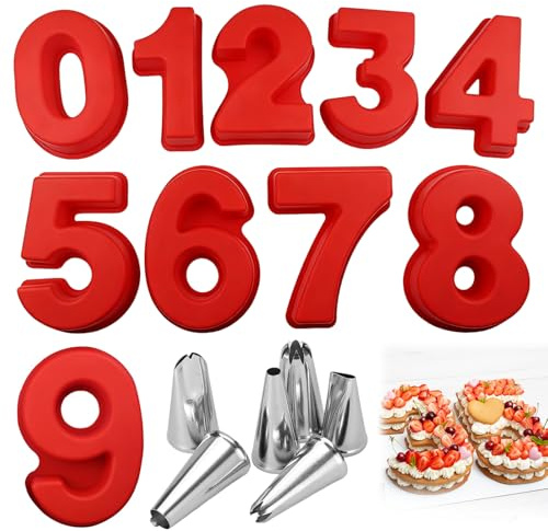 LZYDKH Kuchenform Zahlen,15 Stück Silikon Backform Zahlen Groß 10 Zoll Number Cake Backform mit 6 Spritztüllen für Geburtstag Party Jubiläum (0-8)-Rot