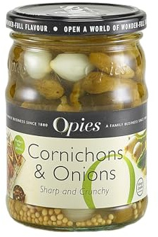 Opies Cornichons & Pickled Onions 400g, Perfect for Cheeseboards & more | Tangy pickled cornichons with the sweet crunch of pickled onions in vinegar & mustard seeds, perfect for cheeseboards & more