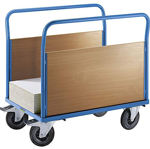 eurokraft pro | Plattformwagen mit Holzwänden | Mit 2 hohen Längswänden, LxB 1250 x 870 mm, Vollgummi