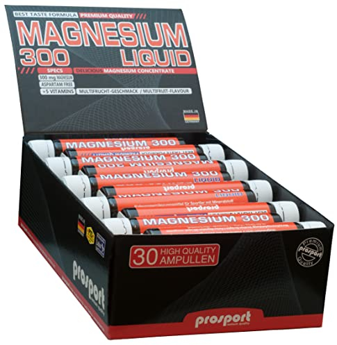 Prosport Magnesium Liquid Trinkampullen 30x25ml - Nahrungsergänzungsmittel hochdosiert mit 300mg Magnesium pro Portion, 5 B-Vitaminen - Multifrucht-Geschmack - Trinkfertig-Shot