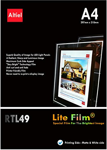 RTL49 – BackLite-film för alla bläckstråleskrivare och laserskrivare eller laserkopiatorer. Bakbelyst pappersark för LED-fickskärmar eller LED-ljusboxar. Bakgrundsbelyst film för (A4 x 10 ark)