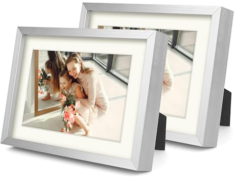 Golden State Art, Silver 5x7 Aluminum Picture Frame - Display Photos 4x6 with Mat or 5x7 inch Without Mat - Shatter-Resistant Glass Metal Photo Frame for Wall or Tabletop Display (2 Pack)