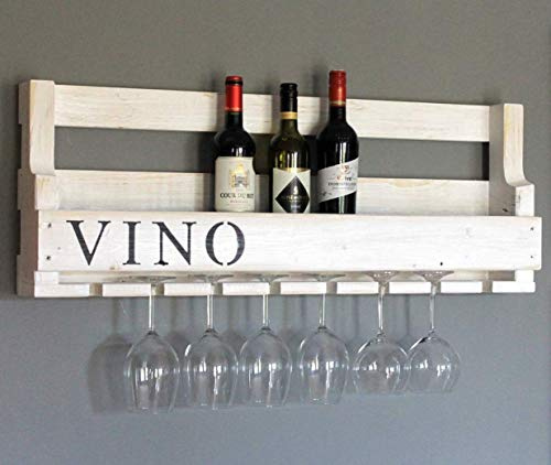 Weinregal aus Holz für die Wand - mit Gläserhalter und VINO Schriftzug - Weiß - fertig montiert - Regal für Weinflaschen und Weingläser