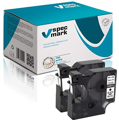 specmark Schriftband D1 43613 6 mm x 7 m 2 Stück Schwarz auf Weiß | Beschriftungsband, Kompatibel mit DYMO LabelManager, LabelPoint und LabelWriter DUO