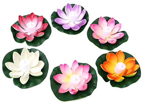 Uonlytech 6 Pcs Artificielle Flottant Fleur de Lotus LED Lumineux Clignotant Nénuphar Bougies Décoratif Souhaitant Bougie Lampe pour Mariage Étang Décor (Couleur Mélangée)