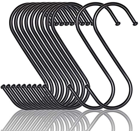 MgcTolBox 20PCS Stainless Steel S Hooks for Hanging Medium, Multi Function S Shaped Hooks for Garden, Kitchen, Office, Bedroom, Wardrobe (Black, Medium)