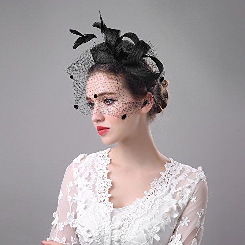 Fascinator Hut Feder Haarschmuck mit Schleife Damenhut Elegant Brautschleier Hochzeit Haarreif Vintage Haarsband Schleier Bankett Mesh Hut Fasching Kopfschmuck Karneval Stirnband für Party Cocktail