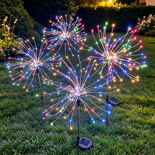 Joysing Luces Solares LED Exterior Jardin 4 Piezas 120 LED Luz Solar | Fuegos Artificiales Impermeable Luces Solares Exterior 8 Modos Lámparas Solare para Patio Camino Balcón Decoración