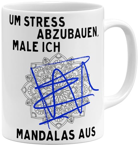 OM3® witzige Kaffee-Tasse mit Spruch - Um Stress abzubauen, male ich Mandalas aus - Keramik Becher - 11oz 325ml - Beidseitig Bedruckt - Weiss