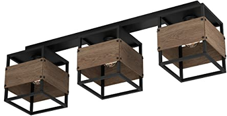 EGLO Deckenleuchte Evesham, 3-flammige Deckenlampe im Industrial Design, Deckenbeleuchtung aus Metall in Schwarz und Holz in Dunkelbraun, Wohnzimmerlampe mit E27 Fassung