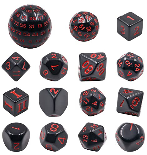 DollaTek 15 pièces ensemble complet de dés polyédriques D3-D100 ensemble de dés de jeu pour jeux de rôle sur table noir et rouge