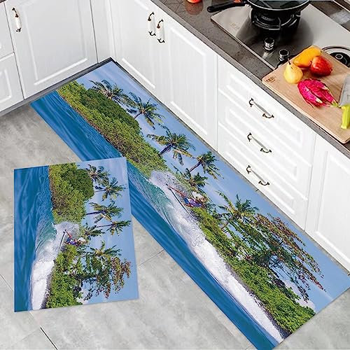 2 Stück Küchenmatte Waschbar rutschfest Küchenmatte,Ride The Wave, Surfer im Ozean von Bali Island Palmen Verträumte Naturlands,Teppiche Mit Staubdicht Für Küche Wohnzimmer, Esszimmer (45x70+45x120cm)