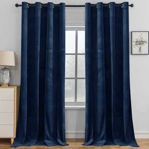 YSTELLAA Gardinen Samt 2er Set, 140×225 cm, Verdunklungsvorhänge Mit Ösen, Vorhang Blickdicht Wohnzimmer Modern, Thermovorhang Schlafzimmer, Schallschutz Vorhang, Blackout Curtain, Blau