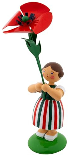 Seiffener Volkskunst Jan Legler | Sommerblumenmädchen Blumenkinder | Handwerkskunst aus dem Erzgebirge | Holzfigur Frühlingsdeko | 12 cm | mit Mohnblume