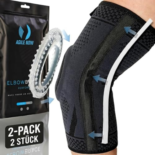 AGILE NOW® Ellenbogenbandage Performance Up (Paar) stabilisiert & schützt die Gelenke – rutschfeste Tennisarm Bandage mit Gel-Pads | Ellbogen Bandage | Bandage Ellenbogen (M)