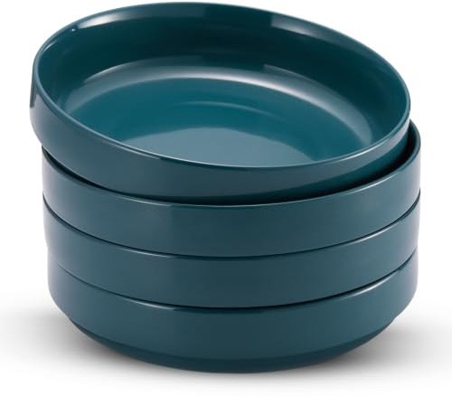 KooK Lot de 4 bols à pâtes en céramique, larges et peu profonds, bleu sarcelle | Grès, finition brillante, passe au micro-ondes et au lave-vaisselle, empilable, grande capacité, pour soupes et salades