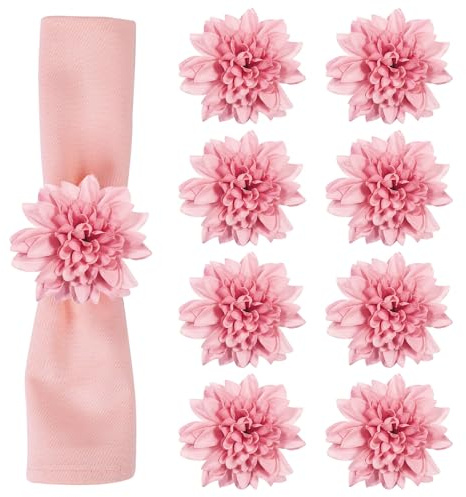 wonlex Farmhouse Flower Napkin Rings Set of 8, Faux Pink Dahlia Napkin Ring, Natural Serviette Buckles Holder for Gift,Table Decoration, Family Dinner, Union (Dahlia - Pink)