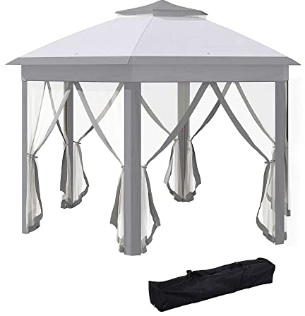 Outsunny Gartenpavillon Faltpavillon 4 x 4 m Pop-Up-Zelt Partyzelt inkl. Tragetasche 6 Seitenteile Doppeldach sechseckig Grau