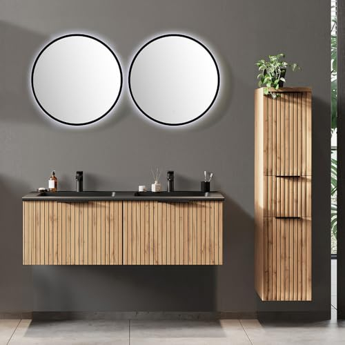Lomadox Badmöbel Set 4-teilig inkl. Doppelwaschtisch 120cm in Eiche, Fronten gestreift | Doppelwaschbecken schwarz, Spiegel mit LED