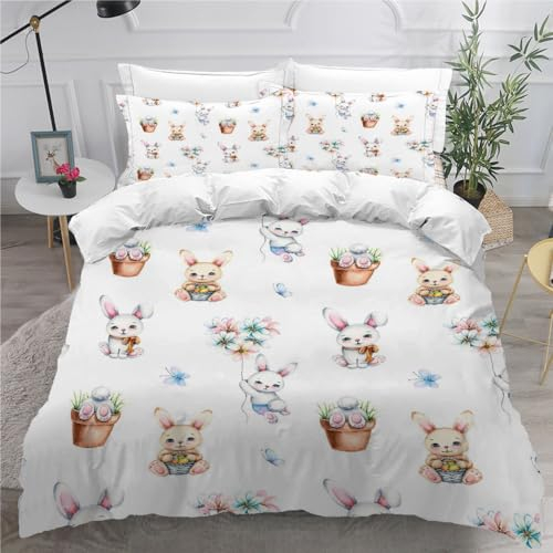 DILANI Bettwäsche 220x240 Hase Kawaii Bettwäsche-Set 3 Teilig 3D Druck Cartoon Tiere Bettbezug Weich Mikrofaser Bettbezüge mit Reißverschluss und Kissenbezug 80x80cm für Erwachsene Kinder