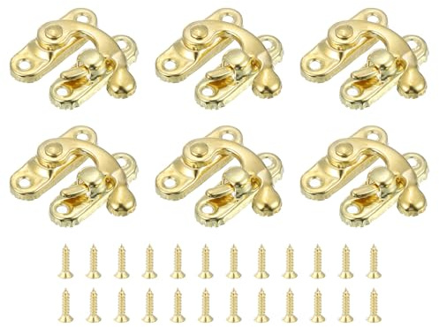 sourcing map 6 Pcs Vintage Lock Clasp, 27 x 32mm Mini Swing Arm Clasp Latch Right Latch Hook Hasp with Screws for Jewelry Box Suitcase Toolbox Wooden Case, Gold