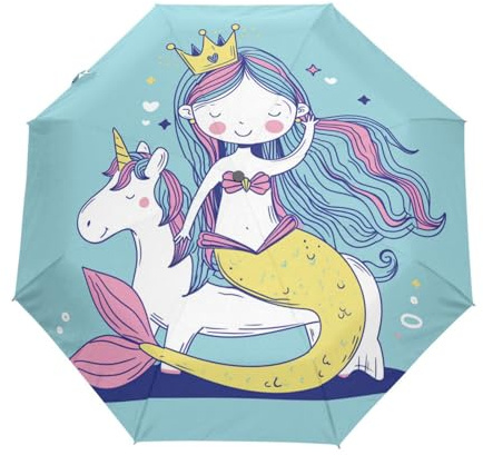Cartoon Baby Meerjungfrau Einhorn Regenschirm Taschenschirm Kinder Jungen Mädchen UV-Schutz Auf-Zu Automatik Umbrella Verstärkt Winddichte Zusammenklappbar